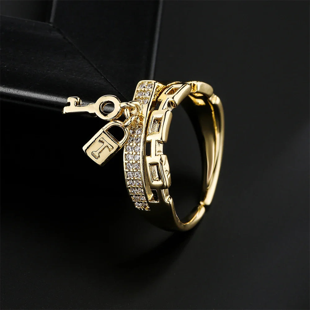 NEWBUY Fashion Gold Color Copper Wedding Jewelry Luxury AAA CZ Zircon Lock & Key Charm Finger Ring Adjustable For Women Girl Vera Lux