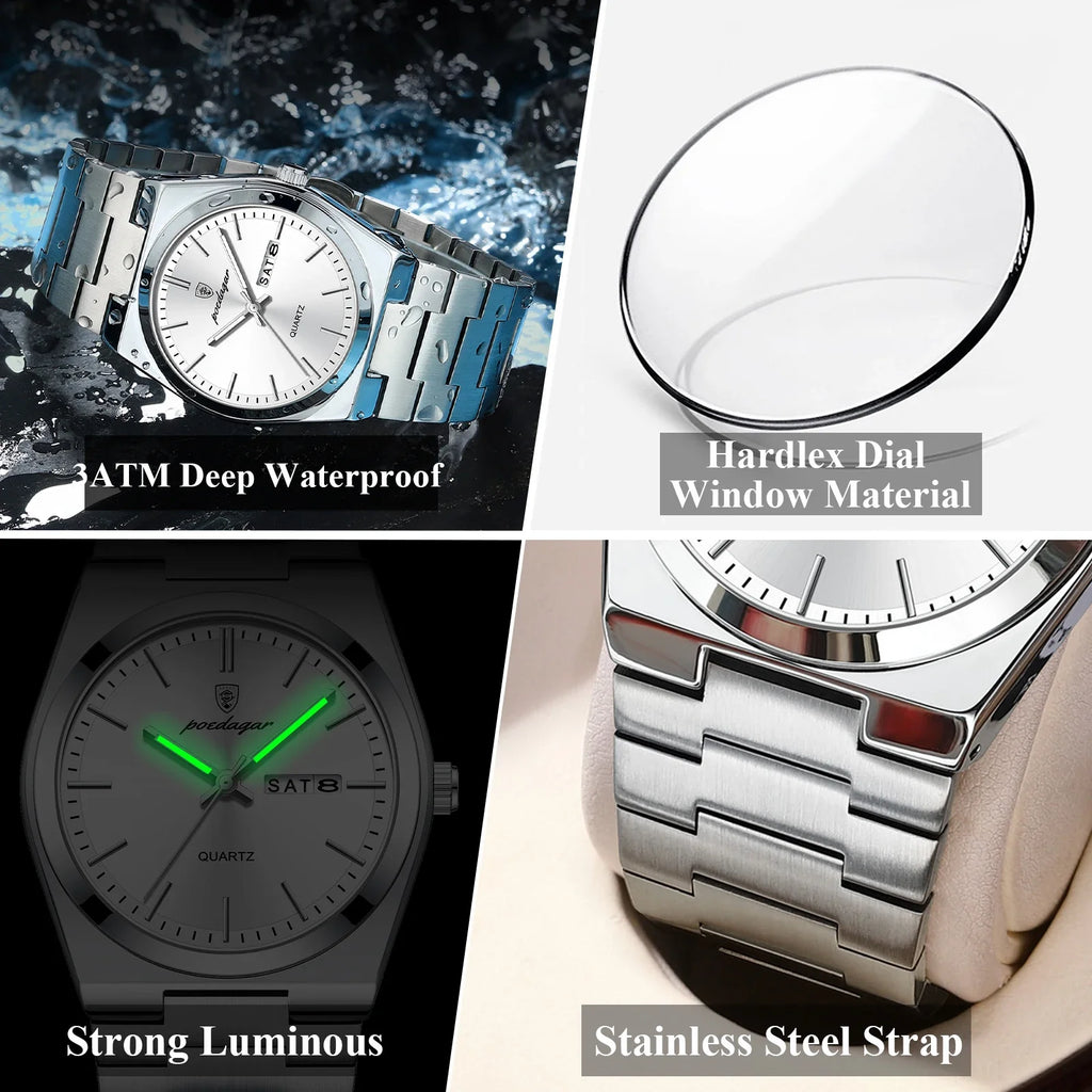 POEDAGAR Luxury Business Man Wristwatch Waterproof Luminous Stainless Steel Men Watch Date Week Fashion Quartz Men's Watches+Box Vera Lux
