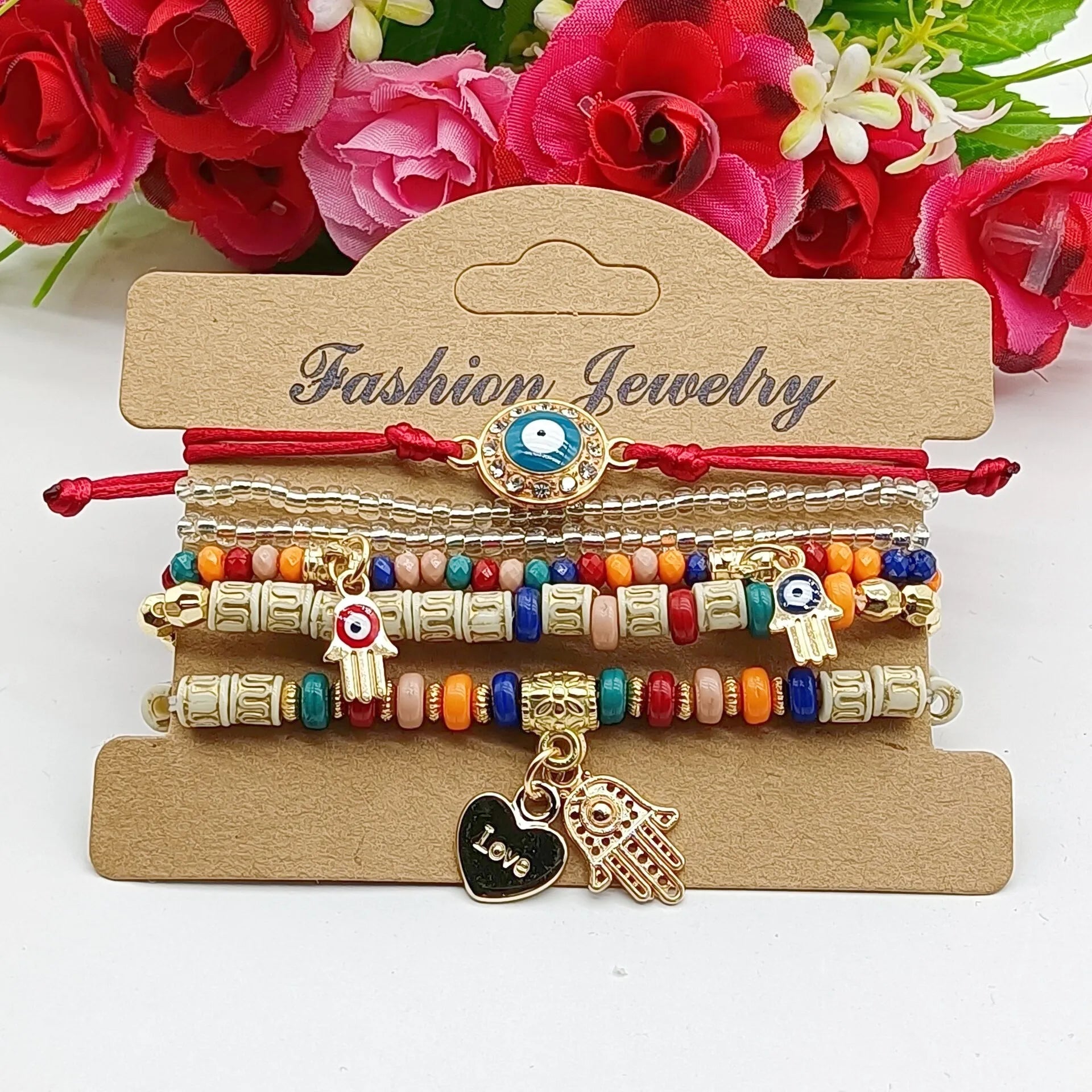 6Pcs Fatima Hand Evil Eye Bracelet Set For Women Heart Charm Beads Rope Chain Bangle Female Bohemian Handmade Jewelry Vera Lux