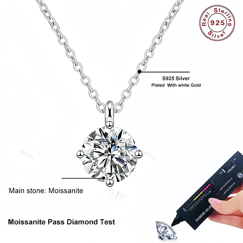 NeeTim 1ct 2ct 3ct D VVS1 Moissanite Necklace for Women Sterling Silver 925 with White Gold Plated Lab Diamond Sparkling Pendant Vera Lux