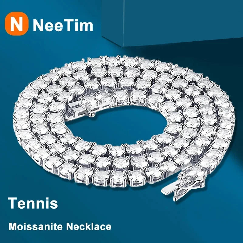 NeeTim 925 Sterling Silver Real Moissanite Tennis Necklace for Women Men Lab Diamonds Neck Chains Necklaces Party Fine Jewelry Vera Lux