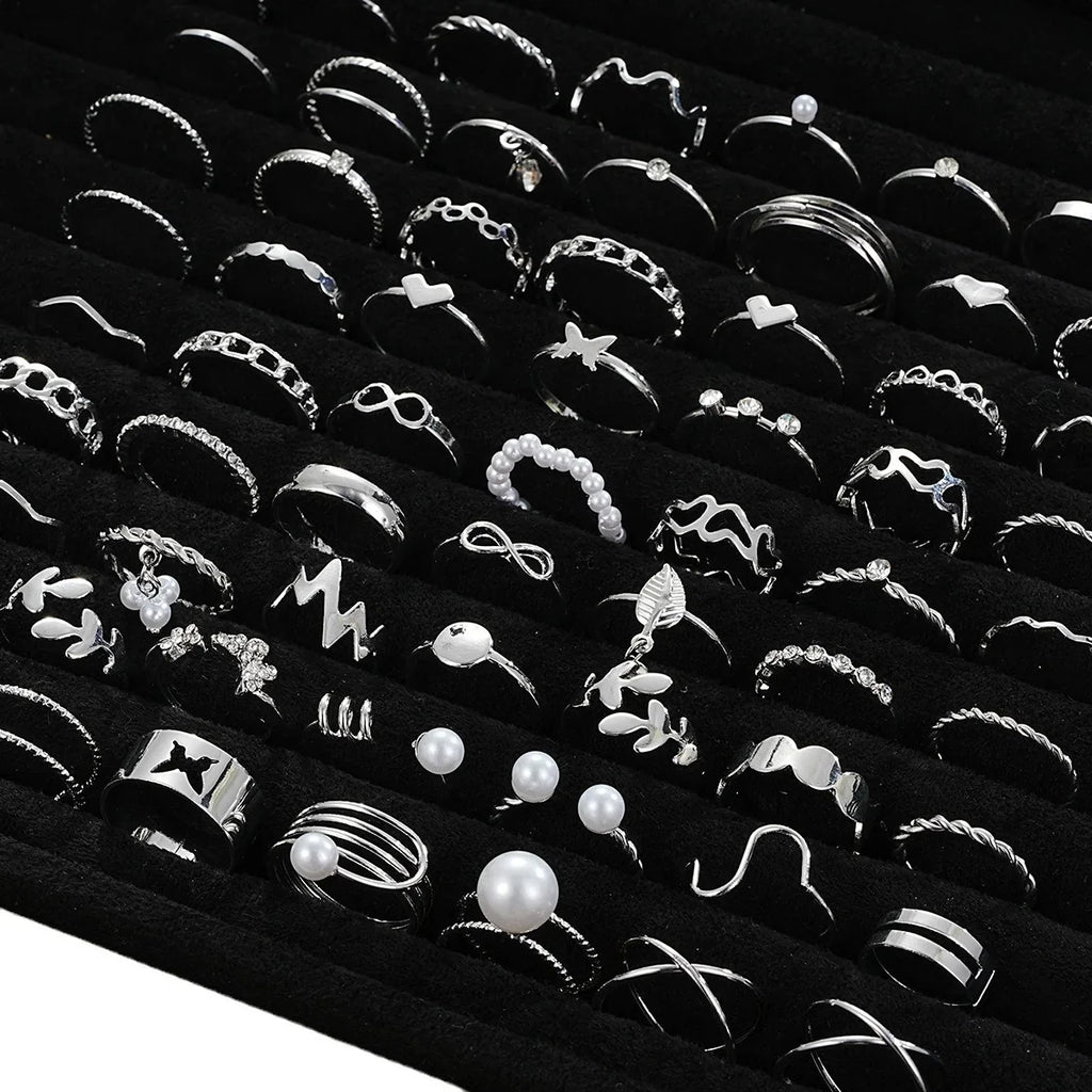 64 Pcs Silver Color Geometric Knuckle Rings Set For Women Heart Cross Leaf Pearl Charm Finger Ring Female Boho Party Jewelry Vera Lux