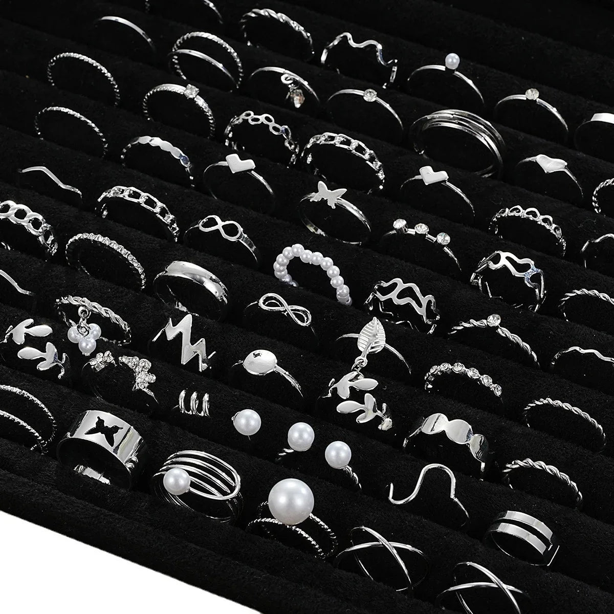 64 Pcs Silver Color Geometric Knuckle Rings Set For Women Heart Cross Leaf Pearl Charm Finger Ring Female Boho Party Jewelry Vera Lux