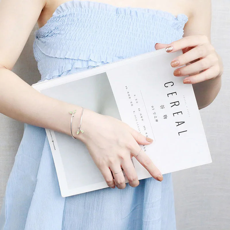 VENTFILLE 925 Stamp Silver Color Bangle for Women Green Opal Leaf Twigs Branch Jewelry Girls' Gift Dropshipping Vera Lux