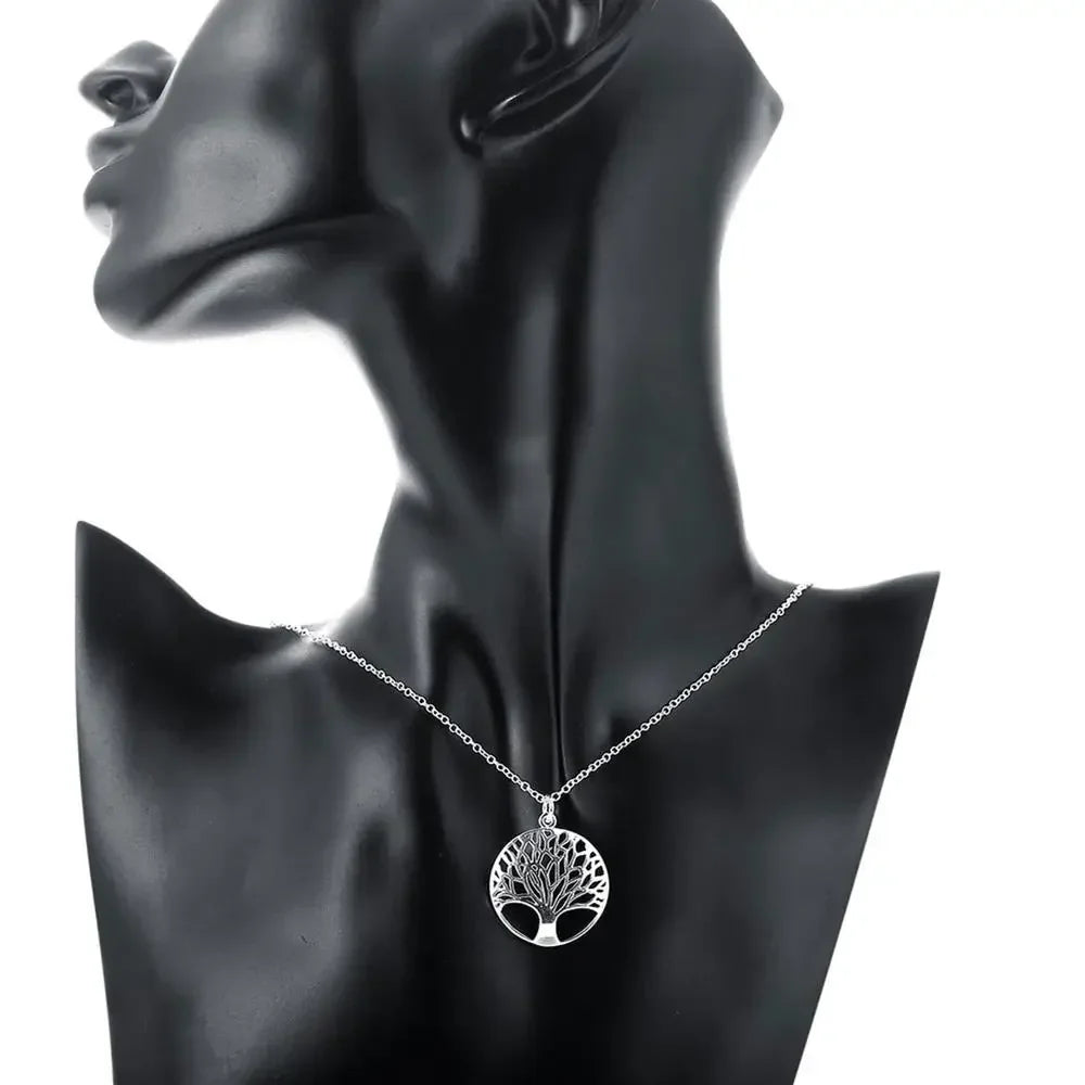 925 Sterling Silver Fine Retro Round Tree Pendant Necklace Earrings Sets For Woman Fashion Party Wedding Jewelry Set Gifts Vera Lux