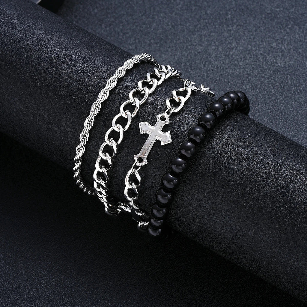 4 Pcs Stainless Steel Bracelet Set For Men Women Punk Fashion Cross Beads Chain Bracelets Simple Hip Hop Unisex Jewelry Gift New Vera Lux