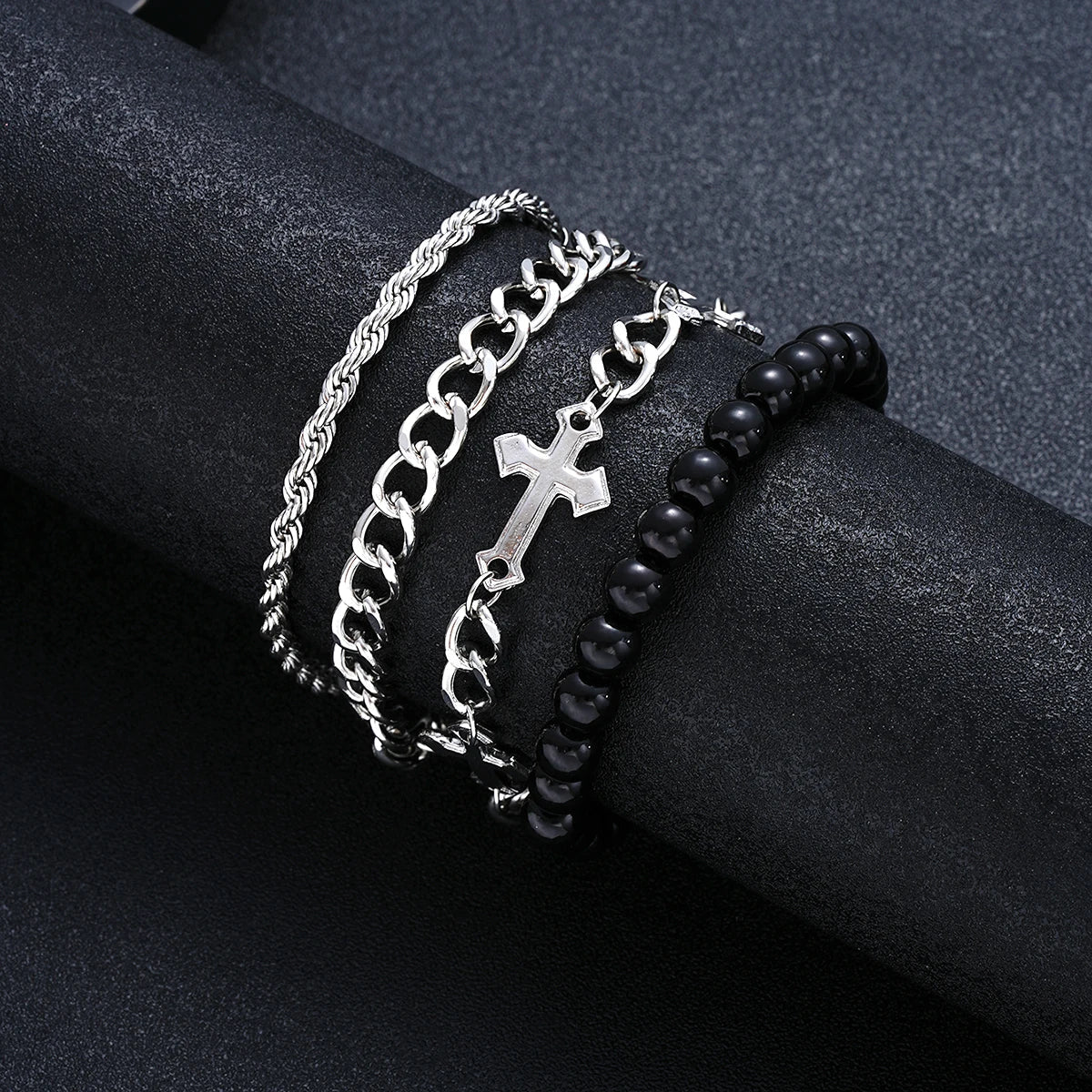 4 Pcs Stainless Steel Bracelet Set For Men Women Punk Fashion Cross Beads Chain Bracelets Simple Hip Hop Unisex Jewelry Gift New Vera Lux