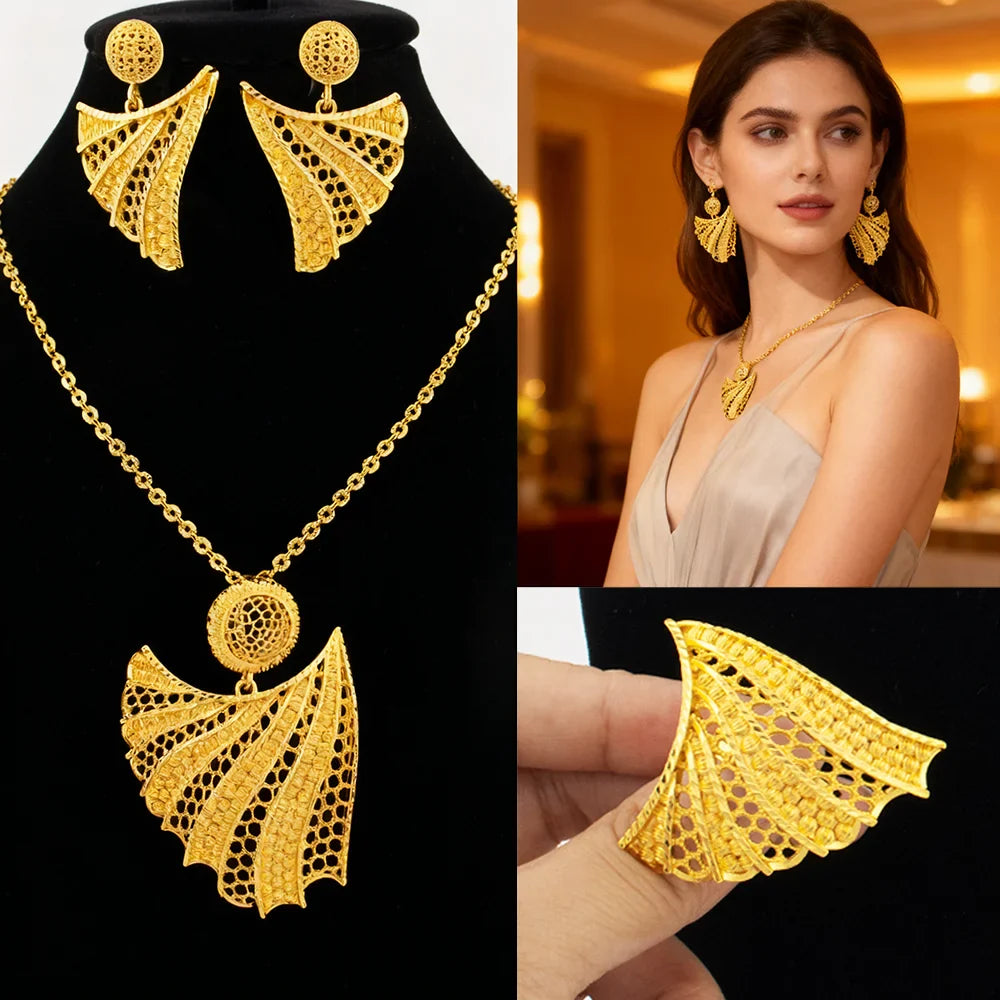 24k gold color party necklace earrings rings set luxury gold jewelry sets for woman wedding party Accessories Vera Lux