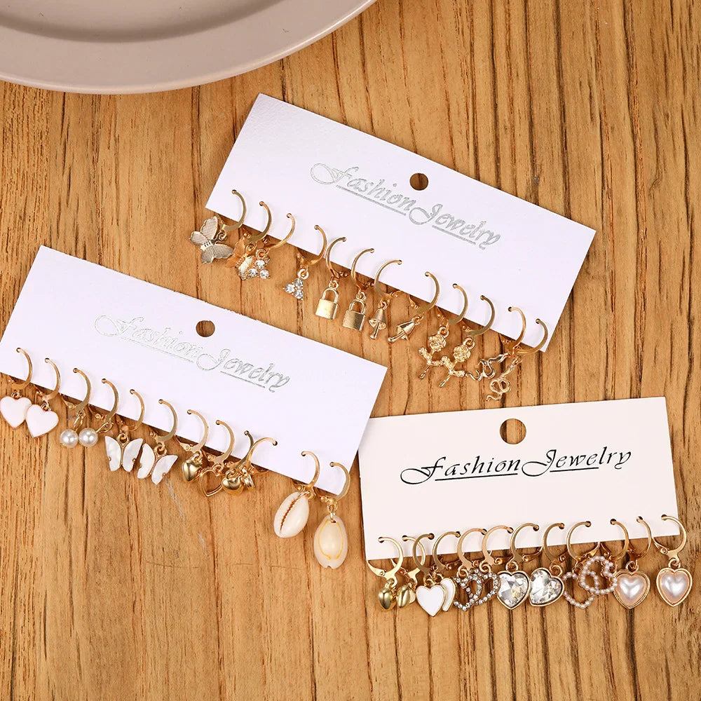 36 Pcs Boho Heart Hoop Earring Set for Women Gold Color Bohemia Vintage Pearl Earring  European and American Jewelry Gifts 2024 Vera Lux