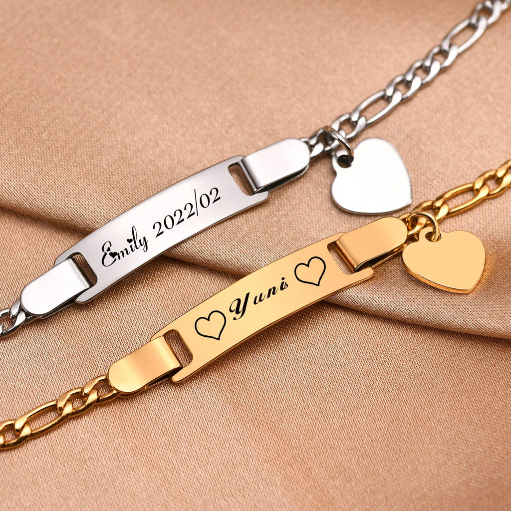 Persoanlized Custom Name Heart Bracelet,Stainless Steel Figaro Chain Link Adjustable,Engraved Gift for Boy Girl Vera Lux