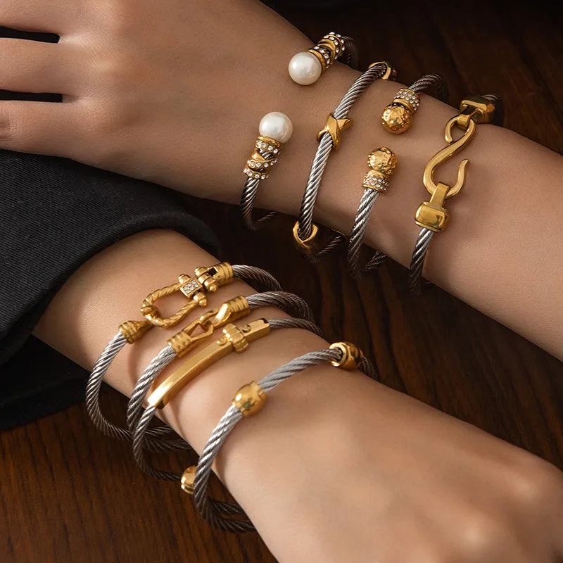 1pcs Stainless Steel Gold-plated Bangle Trendy Retro Hip-hop Style Bracelet Fried Dough Twists Steel Wire Rope Colorfast Bangle Vera Lux
