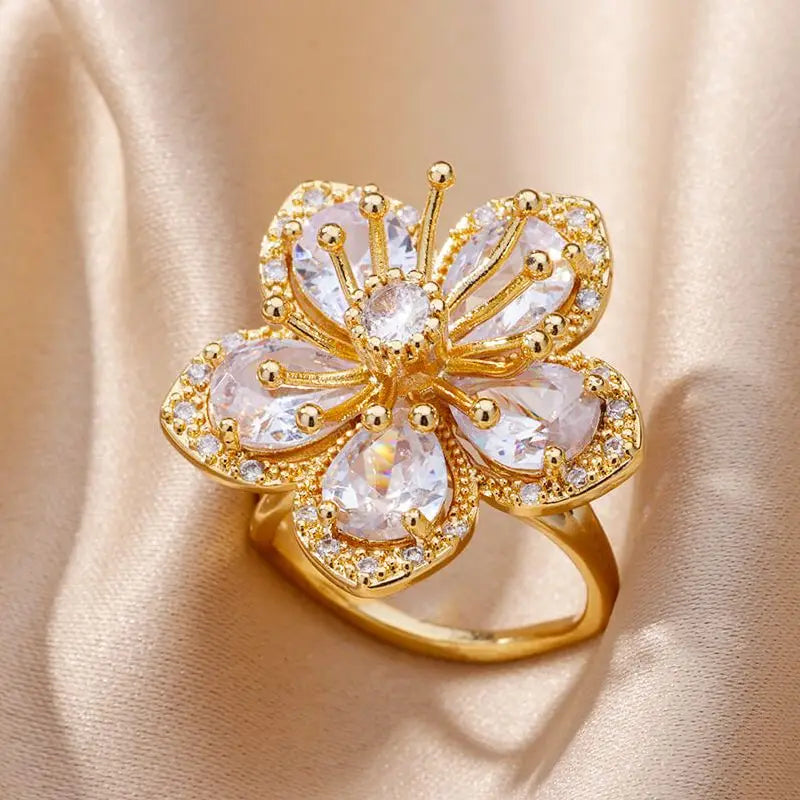Delicate Zircon Flower Rings for Women Stainless Steel Ring 2024 New Trend Elegant Luxury Aesthetic Jewelry anillos Vera Lux