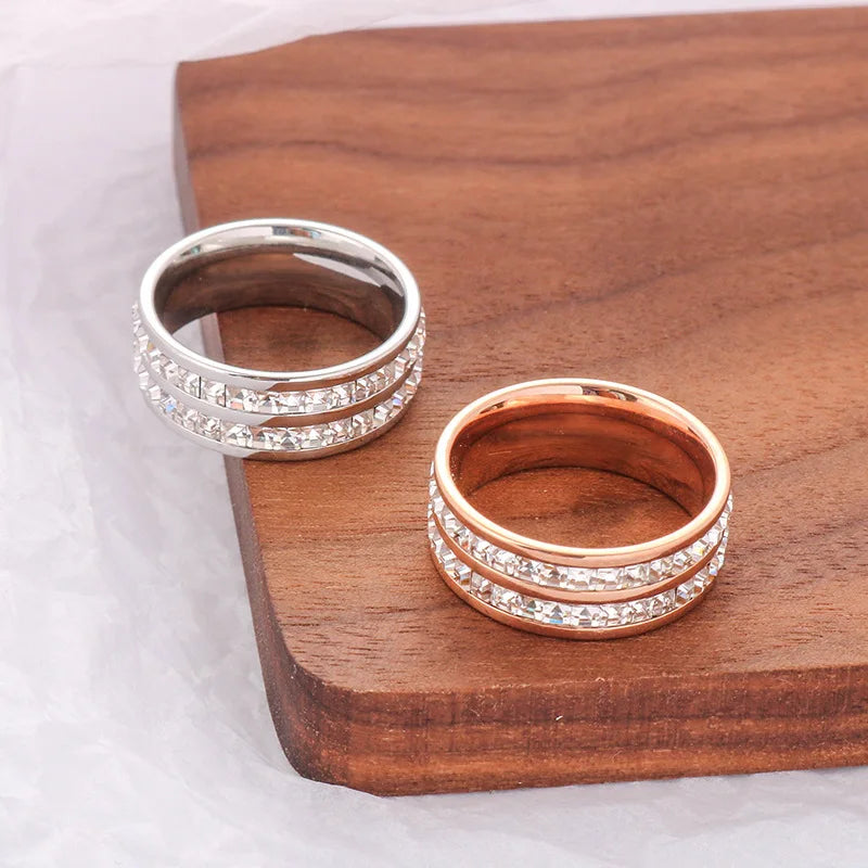 Clear White Stones Wedding Women Ring Stainless Steel 1 and 2 Rows Bling Zircon Fashion Pair Ring Female Jewelry Vera Lux