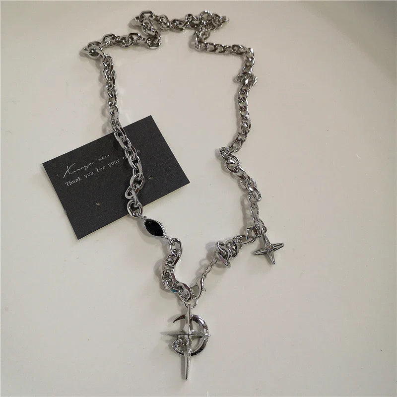 Punk Rock Black Heart Cross Pendant Chain Necklace For Men Women Cool Hip Hop Street Vintage 90s Y2K Grunge Goth Accessories Vera Lux