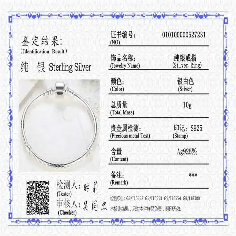Famous Brand Original Certified 925 Sterling Silver Bracelet for Women DIY Charms Beads Snake Link Chain Classic Wrist Jewelry Vera Lux