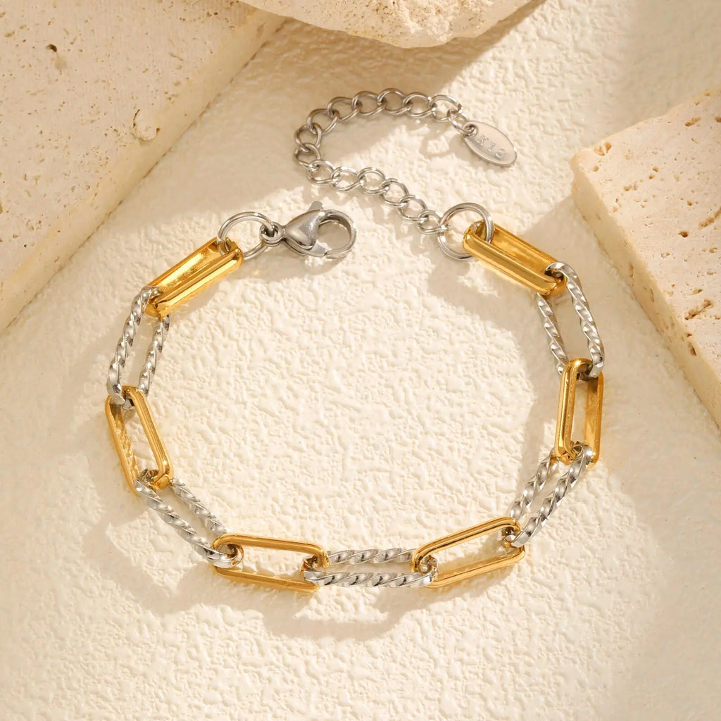Two Tone Twist Link Paperclip Bracelet for Women, Chunky Stainless Steel Bracelet Adjustable Link, 18k Gold Plated Jewelry Vera Lux