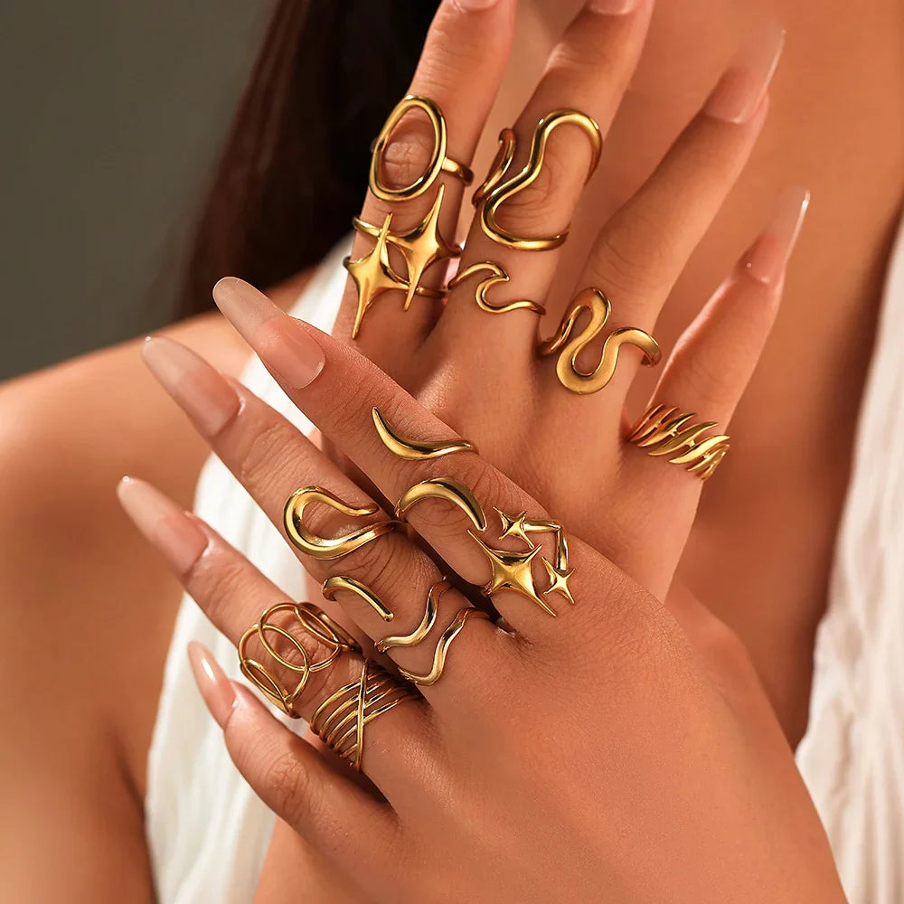 Stainless Steel Irregular Wave Rings For Women Creative Gold Color Adjustable Open Ring Female Jewelry Punk Rapper Anillos Gifts Vera Lux