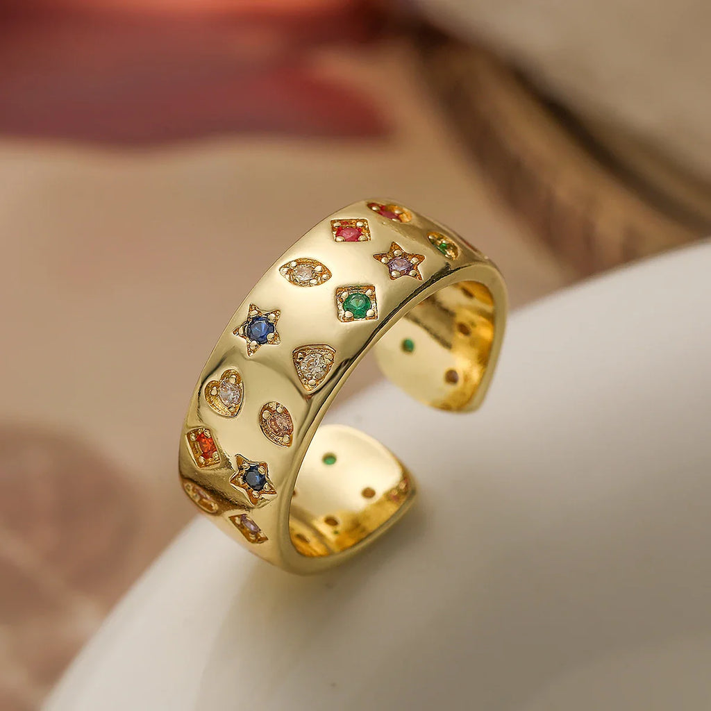 NEWBUY 2024 New Fashion Gold Color Colourful AAA CZ Zircon Inlay Jewelry Open Design Wedding Bands Rings For Women Girl Vera Lux