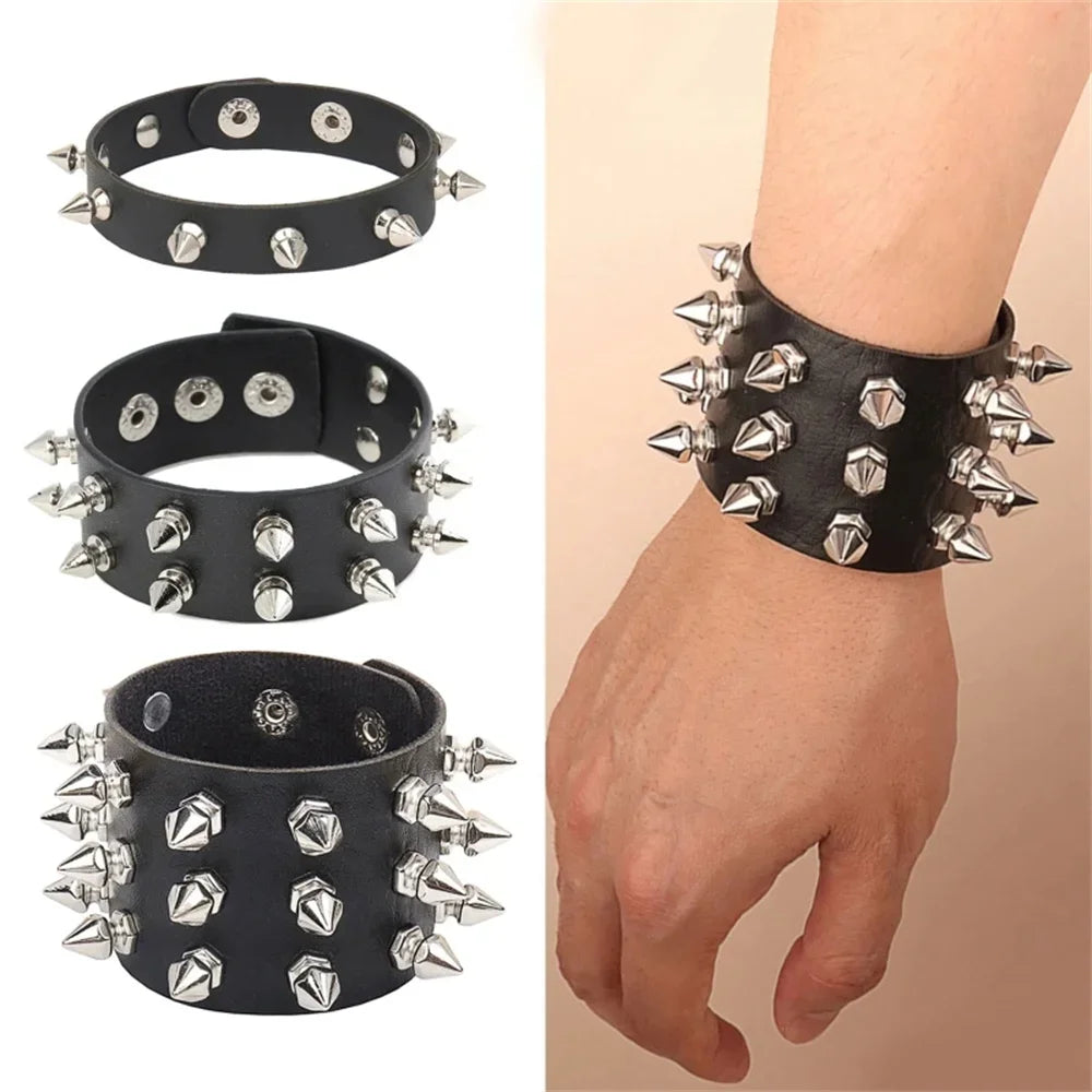 PU Leather Studded Bracelet Punk Spike Rivets Cuff Black Wristband Bracelet For Rock - themed Events Vera Lux