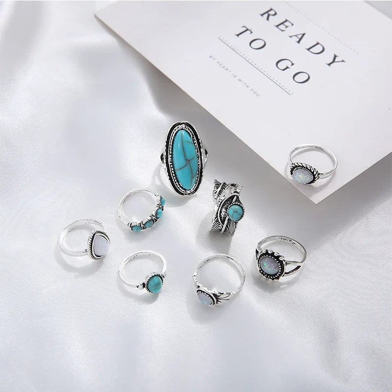 8Pcs/Set Rings Set Fashion Casual New Retro Set With Turquoise Carved Feather Ring Set High-grade Jewelry Vera Lux