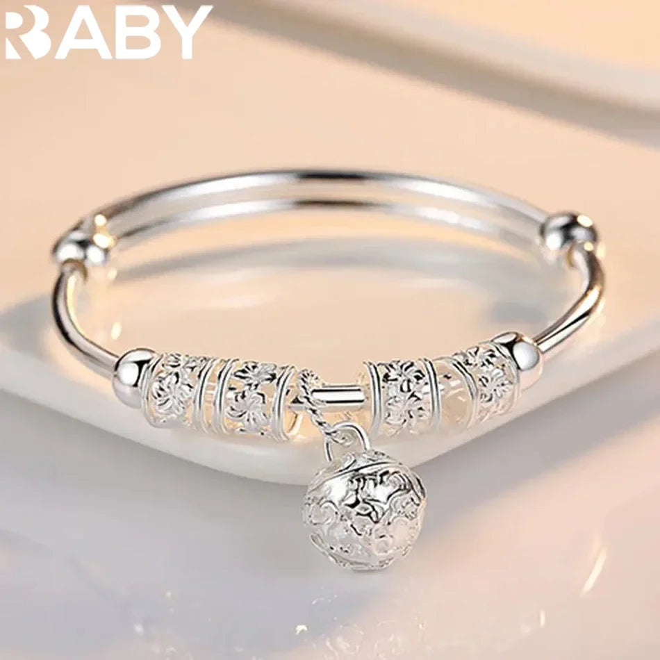 Fine 925 Sterling Silver hollow Bells ball bangles adjustable Bracelets for Women Fashion Holiday gifts Party wedding Jewelry Vera Lux