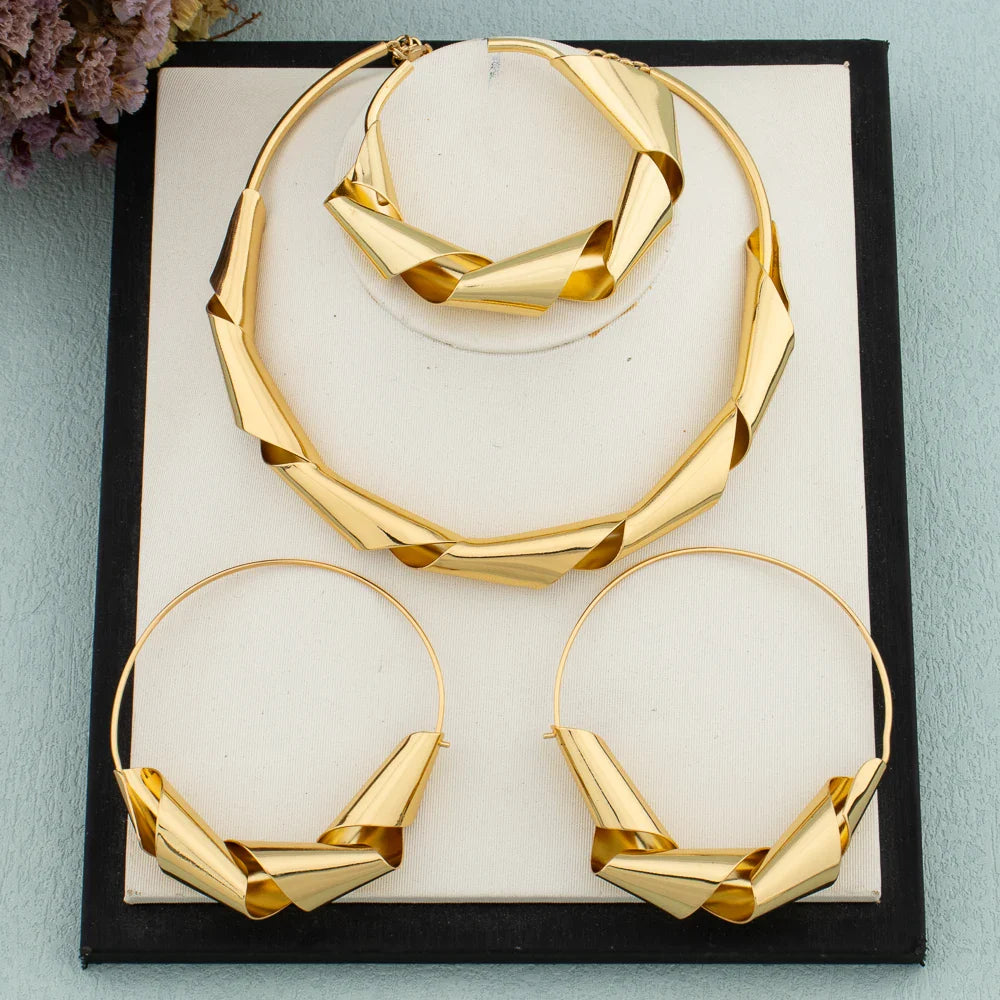 Luxury Gold Plated Dubai Jewelry Set For Women African Copper Twist Bold Design Earrings Necklace Bracelet Quality Jewelry Gift Vera Lux