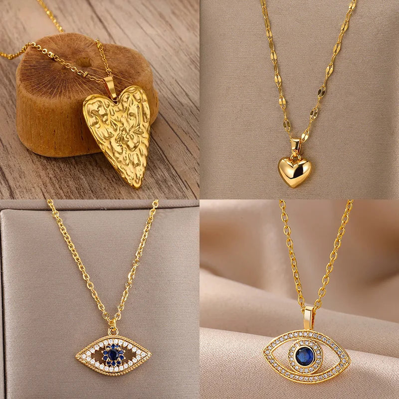 Trendy Heart Pendant Stainless Steel Pleated Necklaces For Women Trendy Gold Color Aesthetic Pendant Necklace Jewelry Accessory Vera Lux