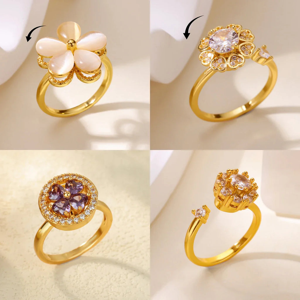 Luxury Zircon Rotable Flower Heart Rings For Women Stainless Steel Gold Color Open Ring 2025 New Fashion Wedding Couple Jewelry Vera Lux