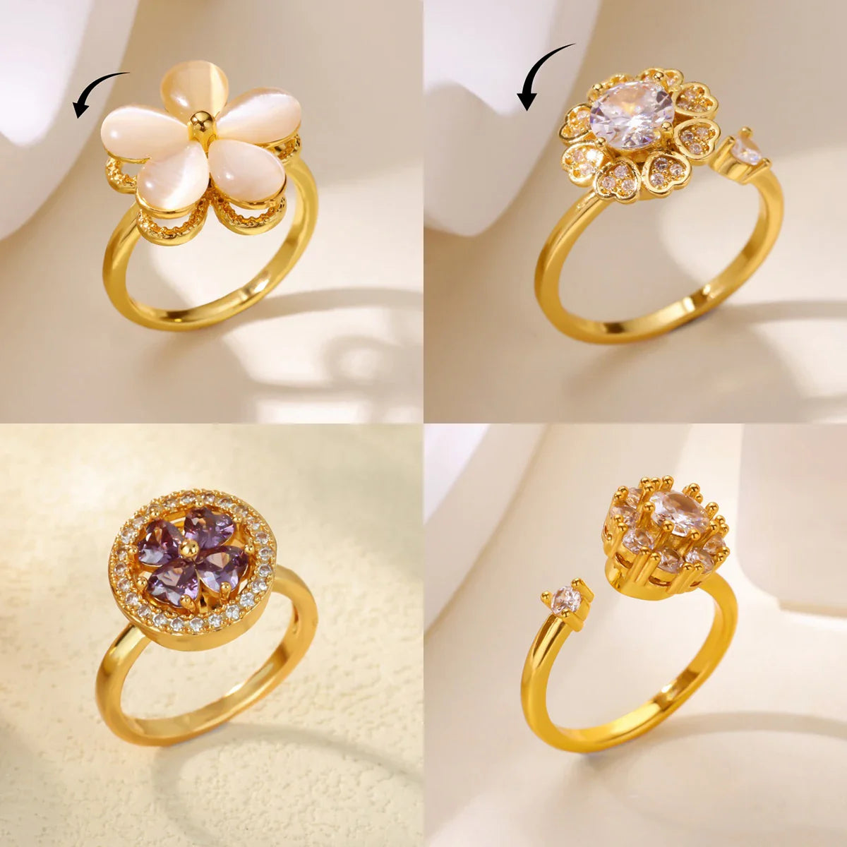 Luxury Zircon Rotable Flower Heart Rings For Women Stainless Steel Gold Color Open Ring 2025 New Fashion Wedding Couple Jewelry Vera Lux