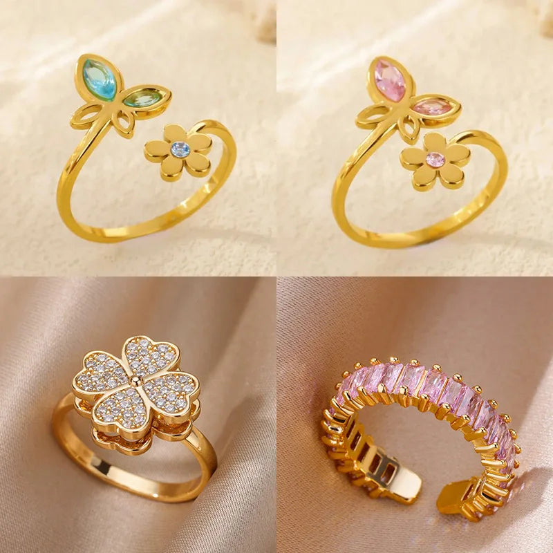 Elegant Zircon Flower Butterfly Rings For Women Gold Color Stainless Steel Flower Adjustable Ring Wedding Christmas Jewelry Gift Vera Lux