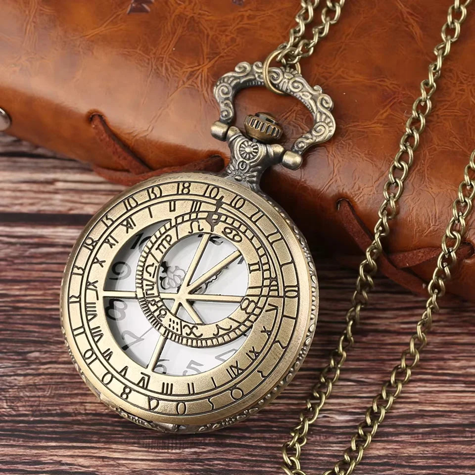 Zodiac Compass hollow out Pattern Bronze Retro Quartz Pocket Watches Men Women Necklace Watch Antique Pendant Gifts Vera Lux