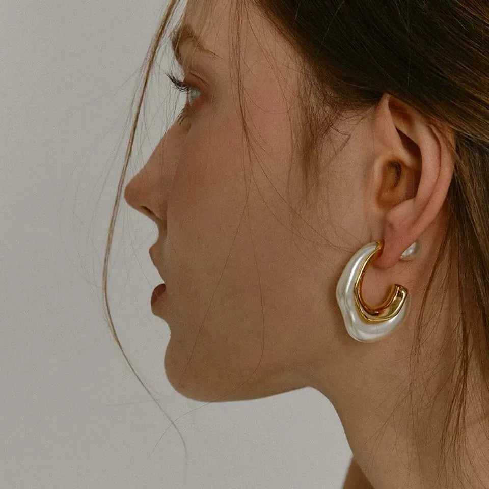 Yupsk New Design Irregular Metal Pearl Earrings for Women Personalized CC Shape Hoop Earring Korean Fashion Jewelry Vera Lux