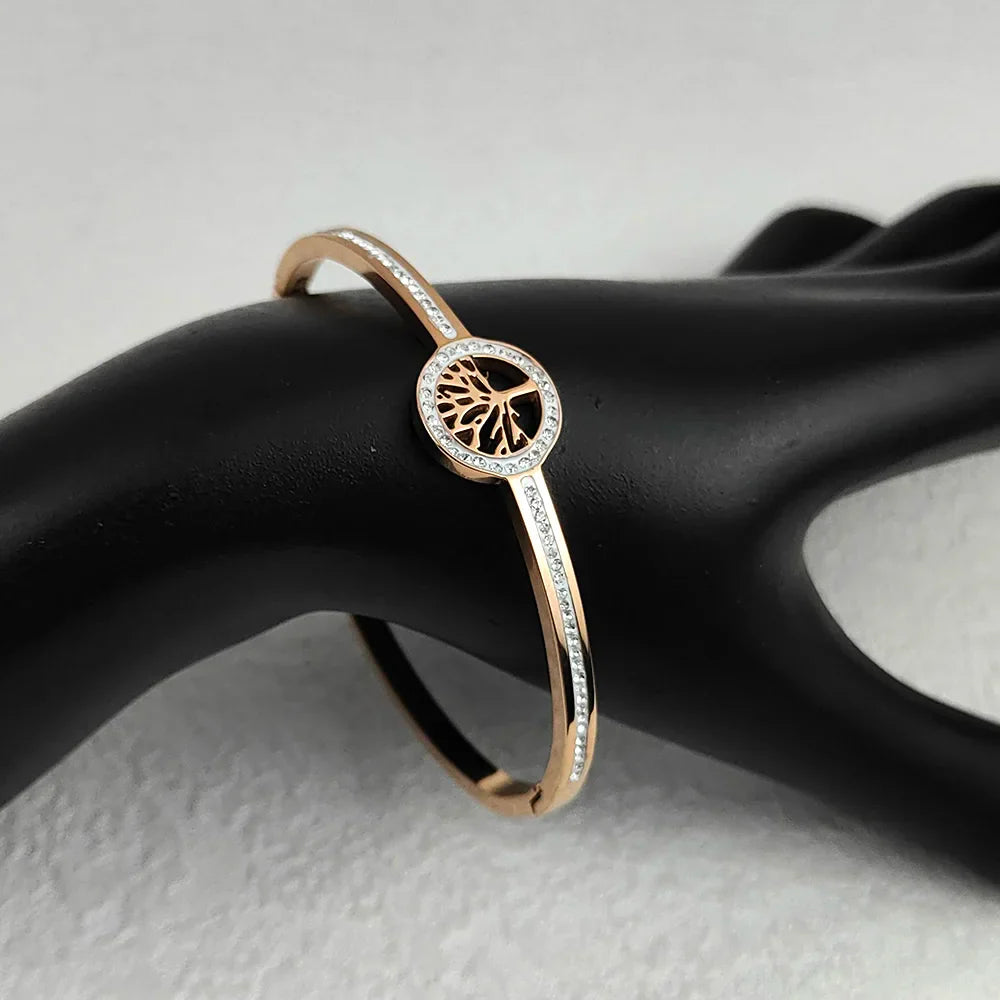 Luxury Stainless Steel Tree of Life Bangle for Women Men Crystal Zircon Bracelet Silver Gold Color Wrist Jewelry Accessories Vera Lux