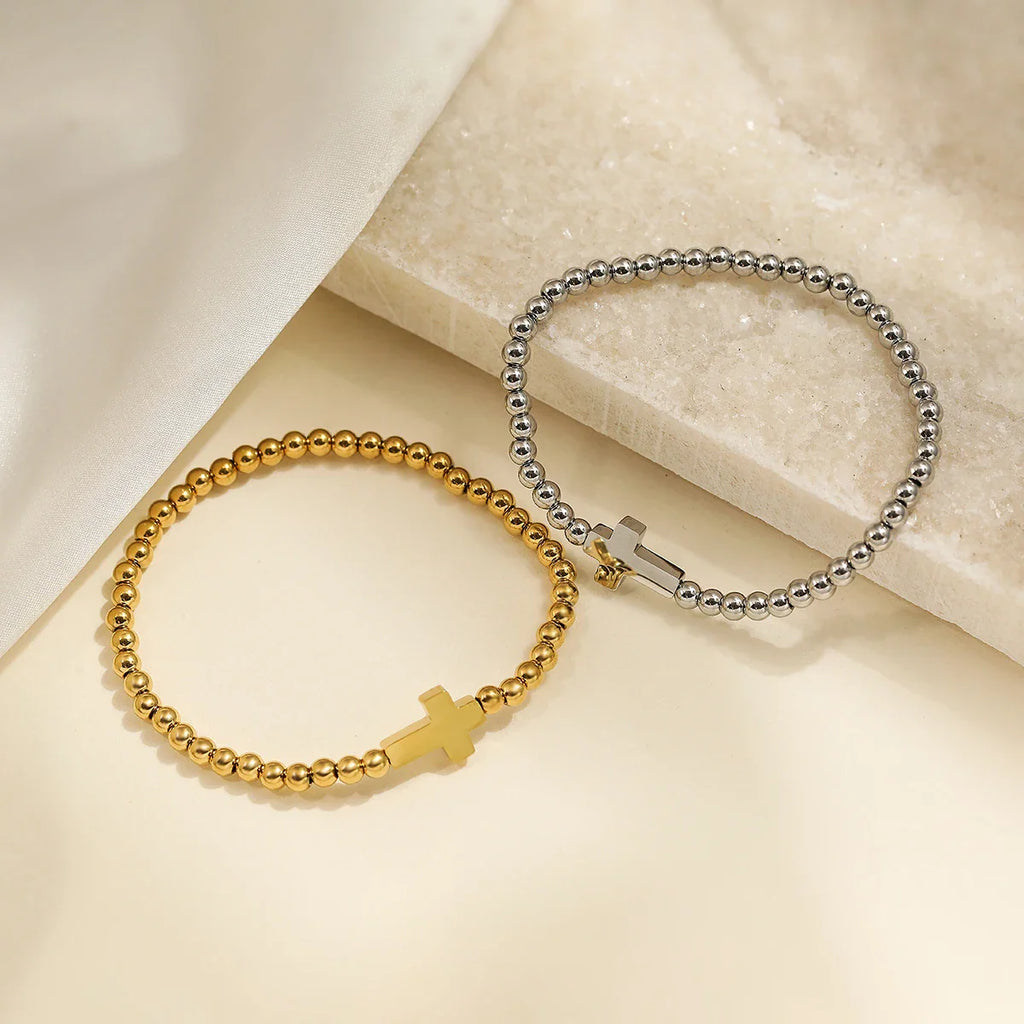 NEWBUY High Quality Non-Fading Stainless Steel Jewelry Silver/Gold Color Beads Cross Charm Bracelets For Women Men Vera Lux