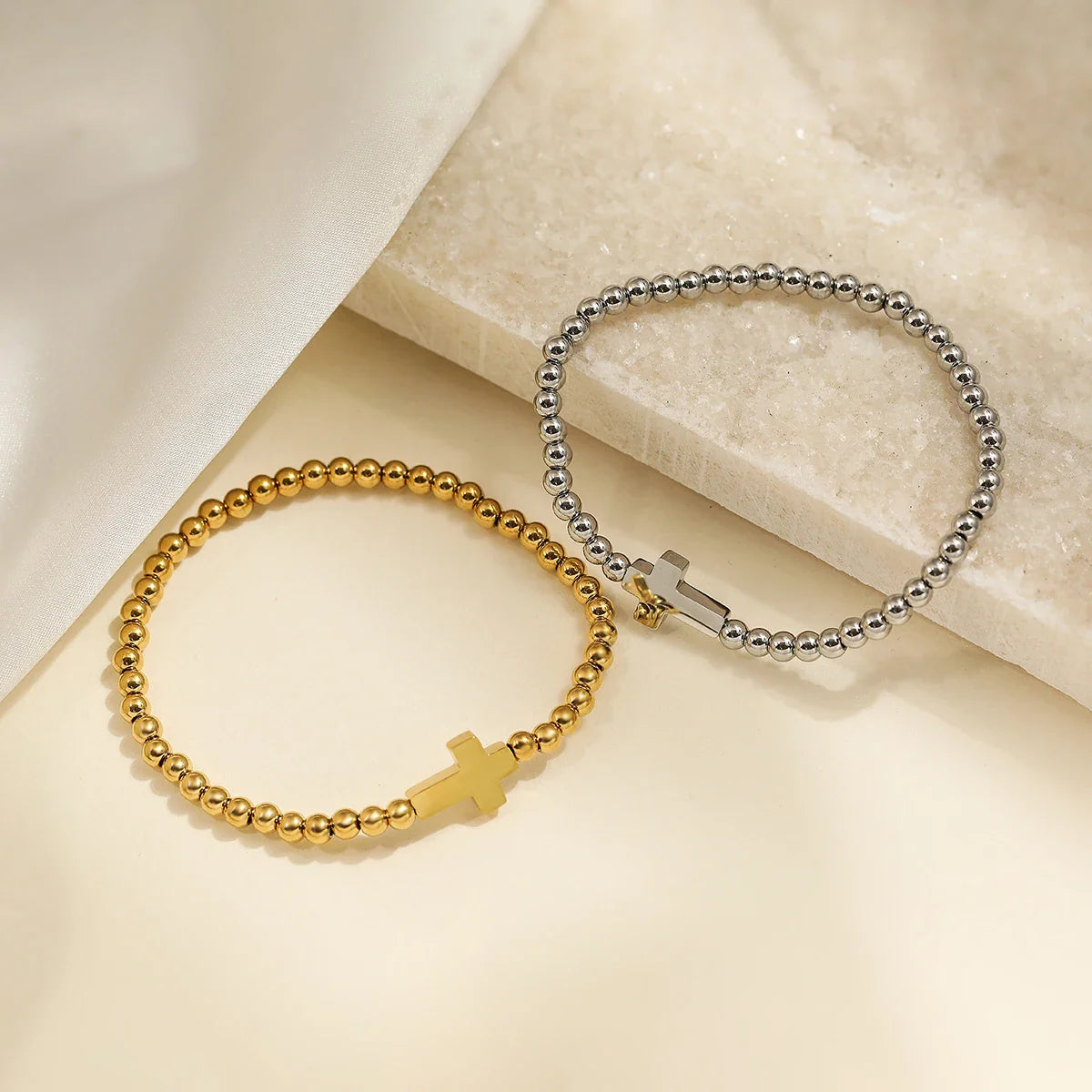 NEWBUY High Quality Non-Fading Stainless Steel Jewelry Silver/Gold Color Beads Cross Charm Bracelets For Women Men Vera Lux