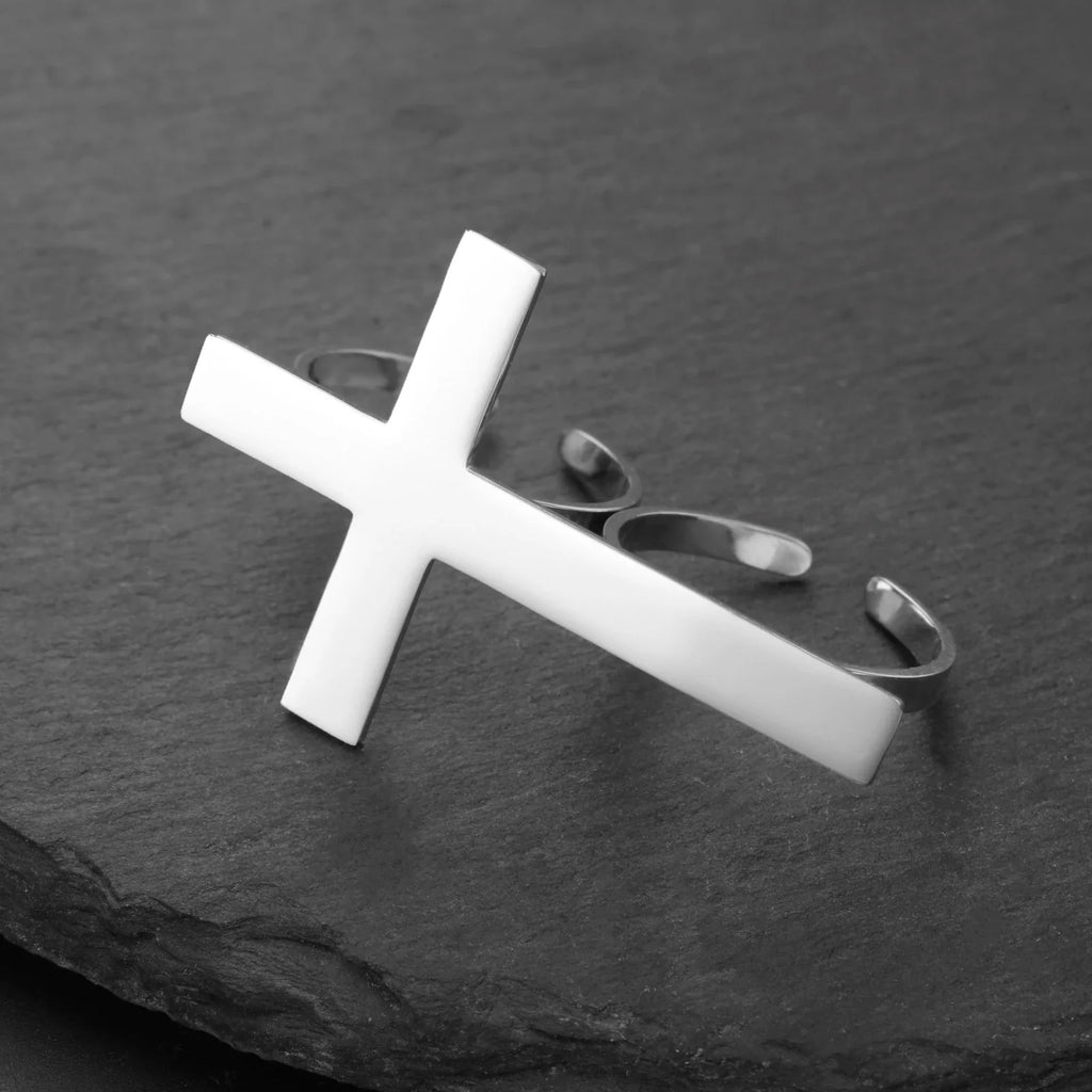 Cross Personalized Name Finger Ring Custom Gift For Woman Men Gold Color Stainless Steel Jesus Christian Amulet Talisman Jewelry Vera Lux
