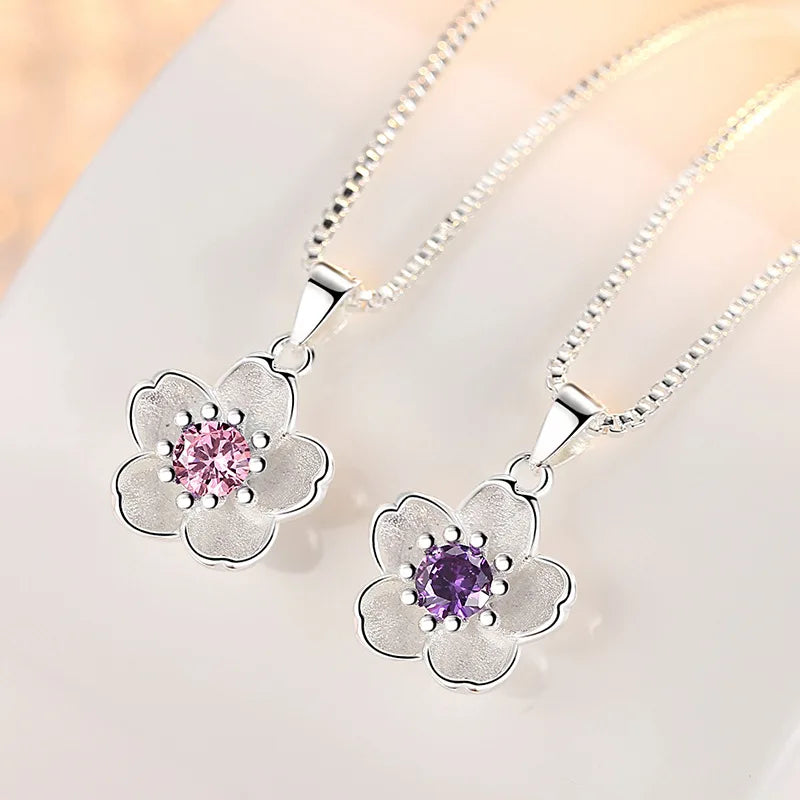 925 Sterling Silver Pink Purple Peach Blossom Necklaces For Women Retro Luxury Jewelry Accessories Freeshiping Items Jewellery Vera Lux