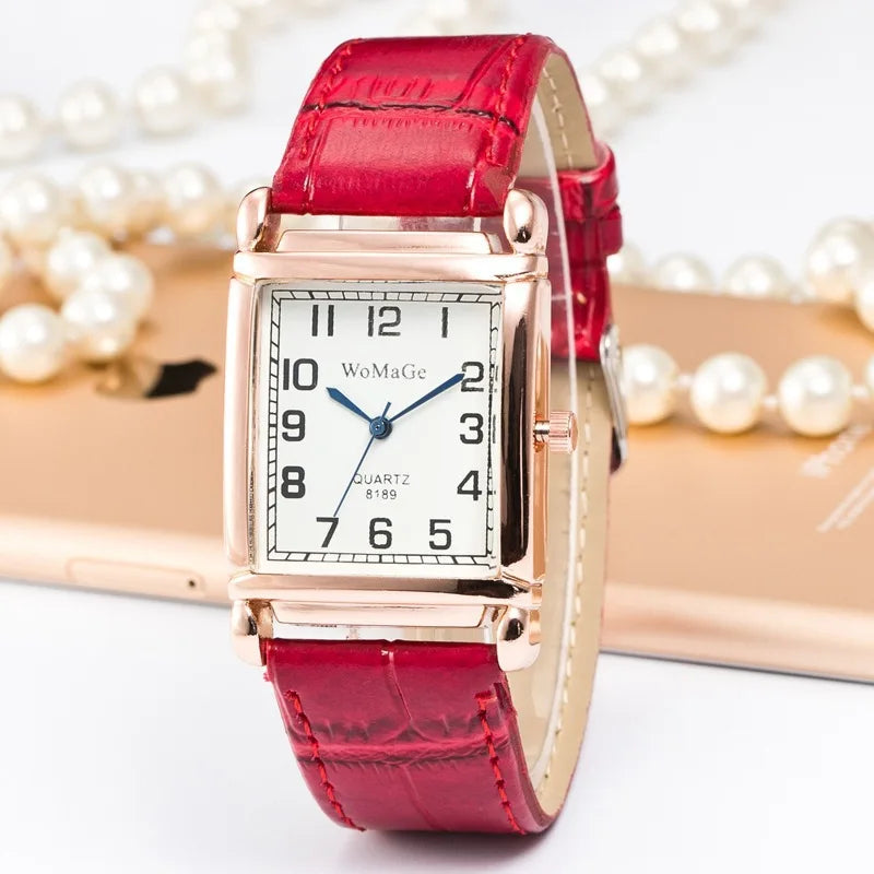 Fashion Women Watches Luxury Metal Rose Gold Square Ladies Quartz Wristwatch Rectangle Red Leather Female Clock Vera Lux
