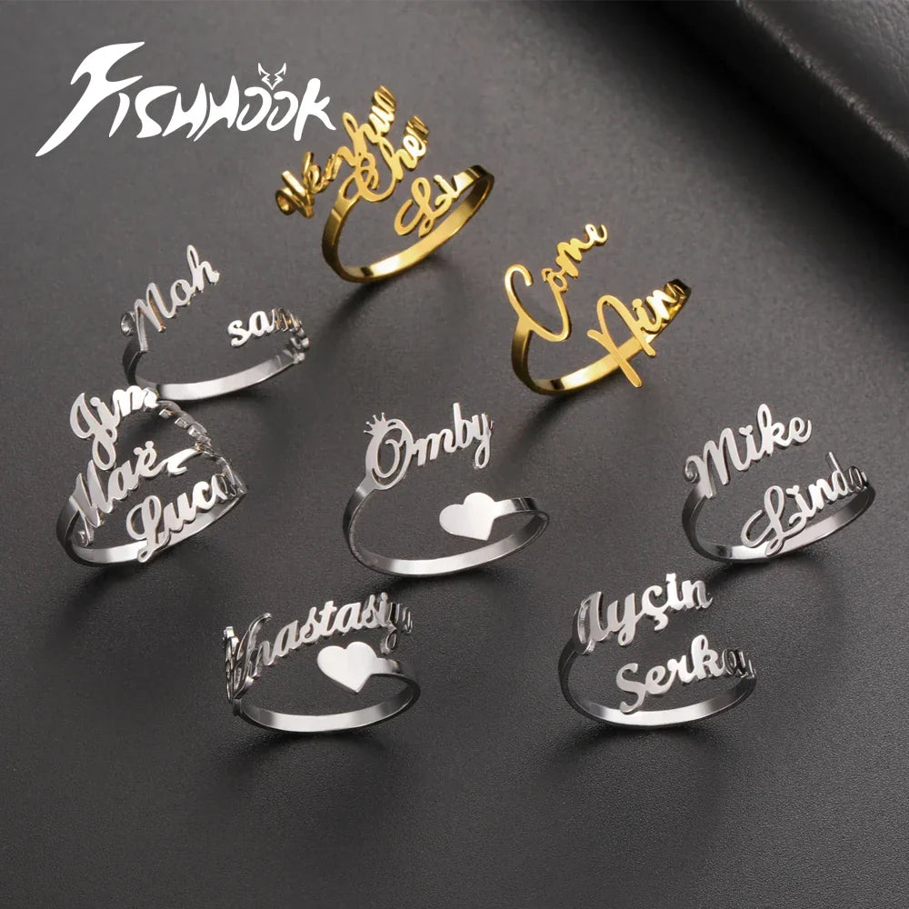 Custom Double First Name Finger Ring For Women Men Personalized Couple Family Gift Gold Color Stainless Steel Metal Jewelry Vera Lux