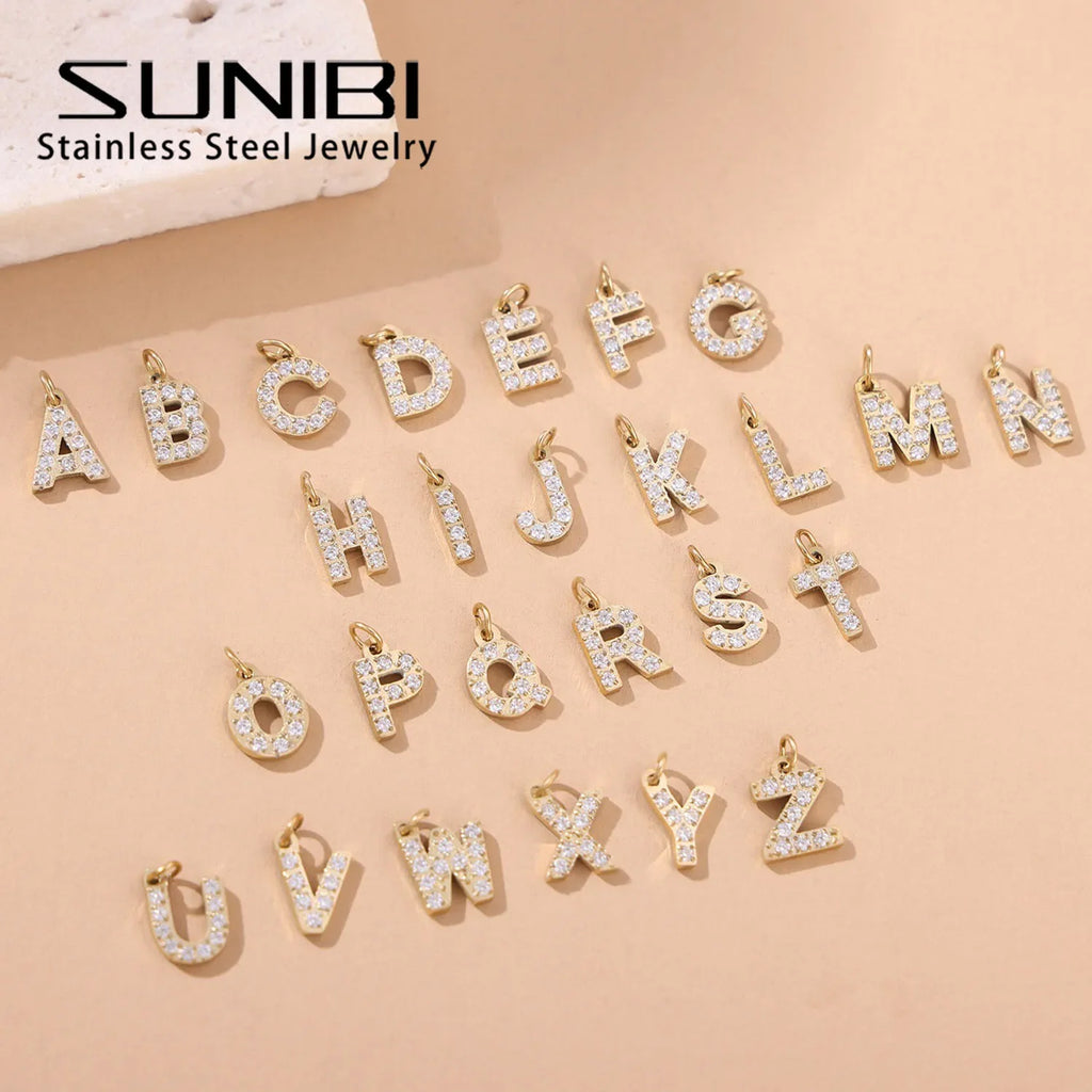 SUNIBI Stainless Steel DIY 26 Initial Pendant for Women Zircon Alphabet Charm Jewelry Making Anniversary Gift Customizable Name Vera Lux