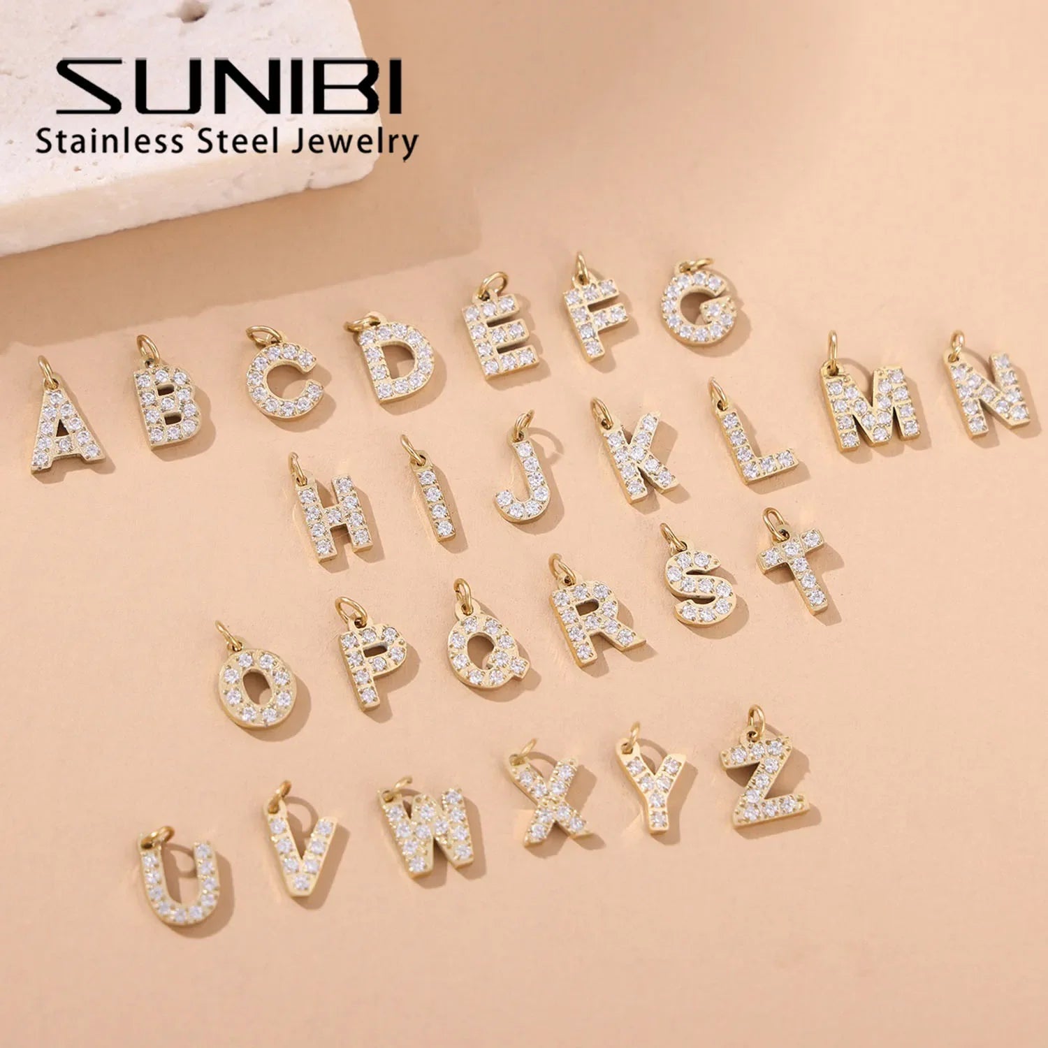 SUNIBI Stainless Steel DIY 26 Initial Pendant for Women Zircon Alphabet Charm Jewelry Making Anniversary Gift Customizable Name Vera Lux
