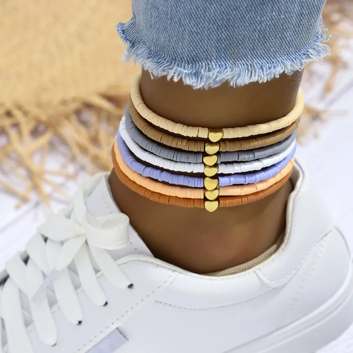 7Pcs Colorful Stackable Anklet Set For Women Heart Charm Soft Clay Pottery Layering Ankle Bracelet Girls Summer Beach Jewelry Vera Lux