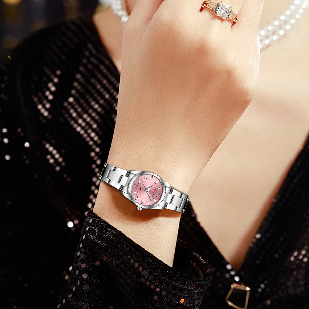 Luxury Women's Watch 29mm Fashionable Stainless Steel Rhinestone Pink Minimalist Girl Clock Outdoor Travel Women Wrist Watches Vera Lux