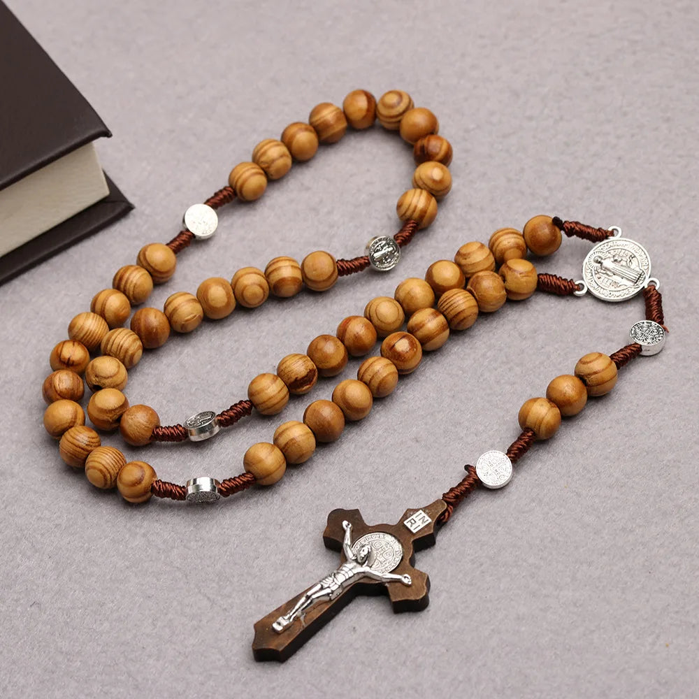 10MM Wood Beads Rosary Cross Necklace For Women Men Christian Virgin Mary INRI Pendant Chain Fashion Religion Jewelry Vera Lux