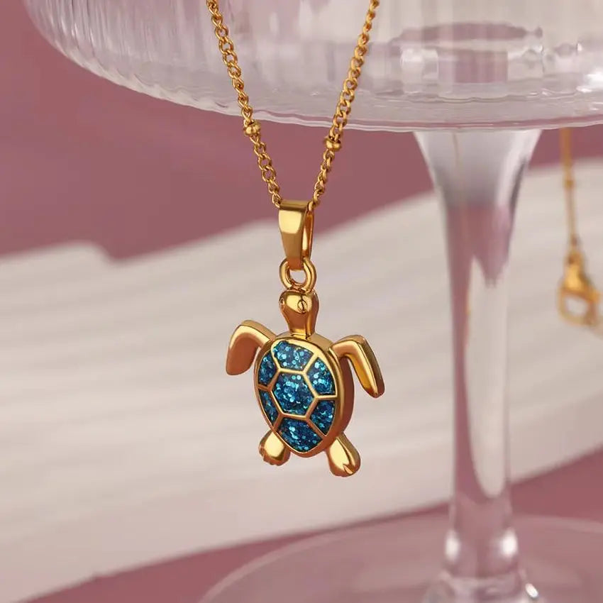 Colored Turtle Pendant Necklace for Women Summer Beach Female Charm Necklace Beads Chain Cute Stainless Steel Jewelry collar Vera Lux