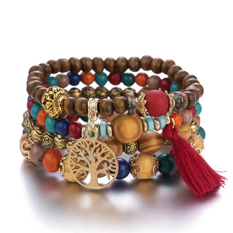 4Pcs Bohemia Tree Of Life Charm Beaded Bracelet Set For Women Handmade Wood Beads Chain Bangle Female Boho Jewelry Vera Lux