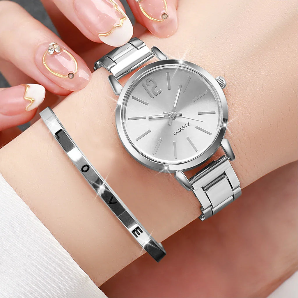 Fashion Women Elagant Watch Casual Simple Steel Strap Quartz Watch Love Bracelet 2PCs Set Temperament Wearing Style Vera Lux