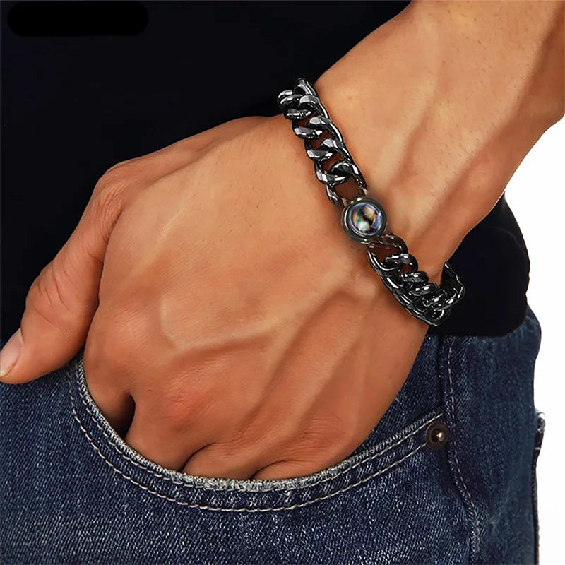 Custom Bracelet with Picture Inside Titanium Steel Cuban Link Chain Bracelet with Personalized Photo Projection for Men Women Vera Lux