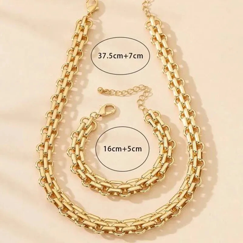 2 PCS Set Gold Color Link Chain Necklace Bracelet Set Punk Bracelet Big Link Chain Dubai Africa Party Jewelry Set Gift FOr Women Vera Lux