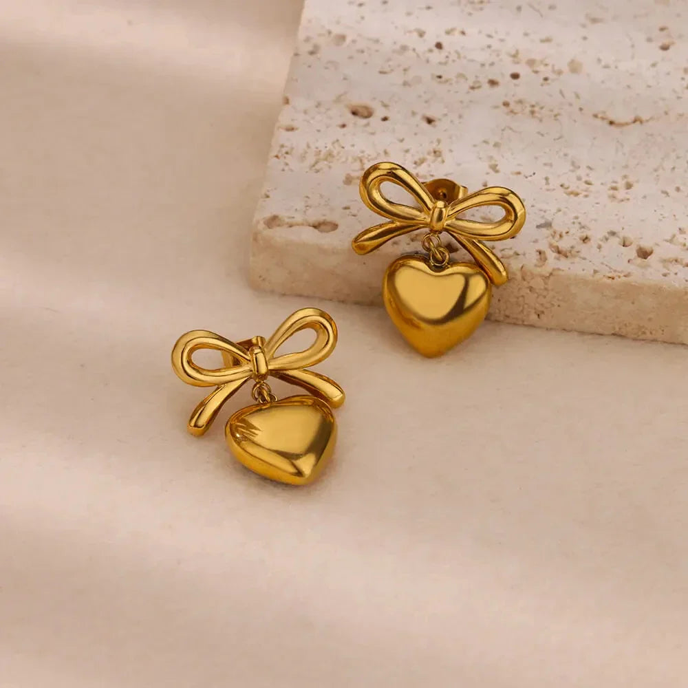 Cute Bow Heart Earrings for Women Stainless Steel Gold Color Heart Stud Earrings 2024 Trend Piercing Jewelry Wedding Party Gift Vera Lux